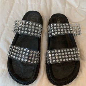 Brand new rhinestone slide sandal, clear and black